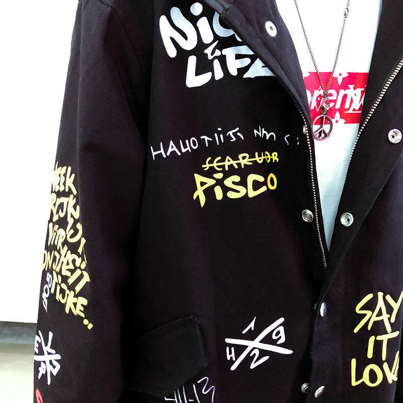Dark graffiti trench coat - Mubimart