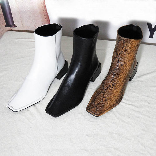 Women's back zipper square toe short boots - Mubimart