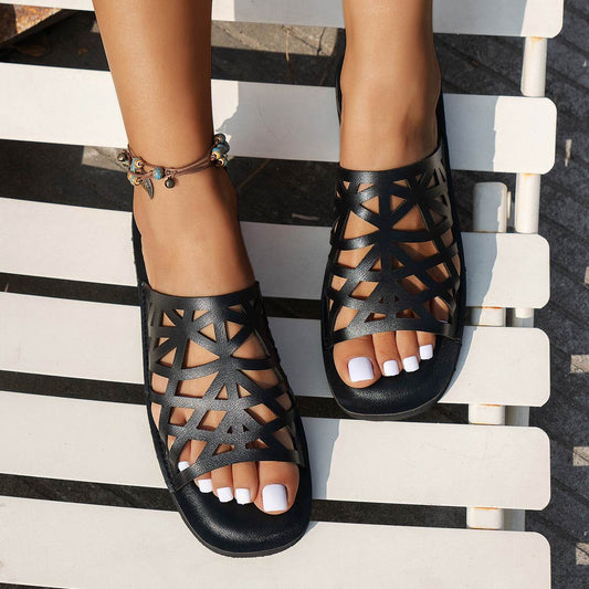 Irregular Hollow Sandals Ethnic Style Square Toe Slides Slippers Summer Fashion Outdoor Flat Shoes For Women - Mubimart