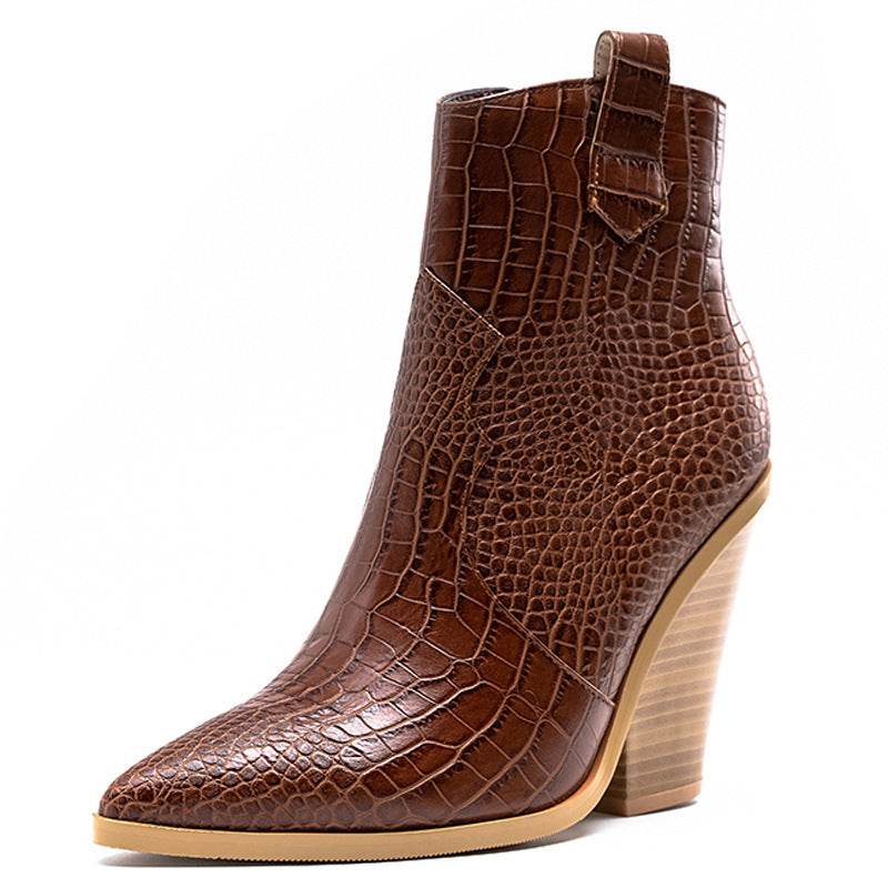 Block heel high heel pointed toe boots - Mubimart