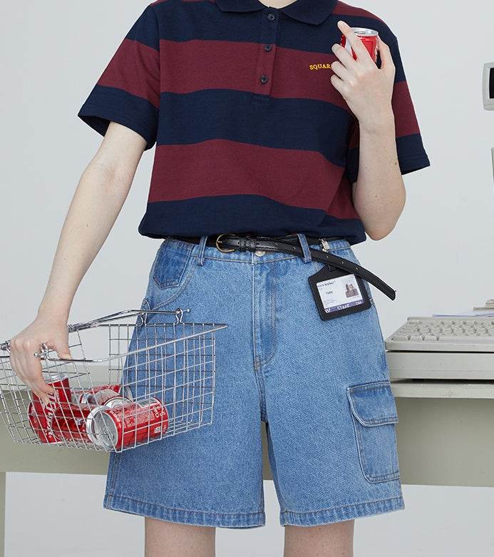 Original side pocket denim pants bf retro loose shorts women - Mubimart
