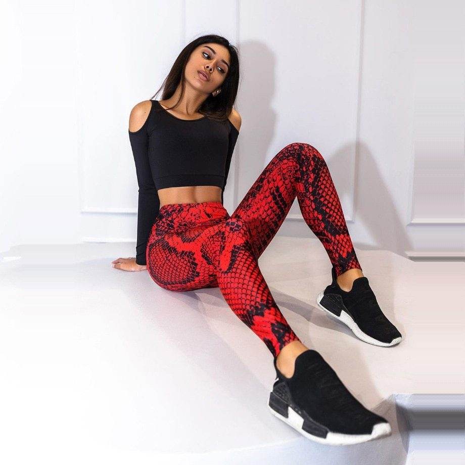 Women Snake Printed Leggings Women Push Up Fitness Sweatpants - Mubimart
