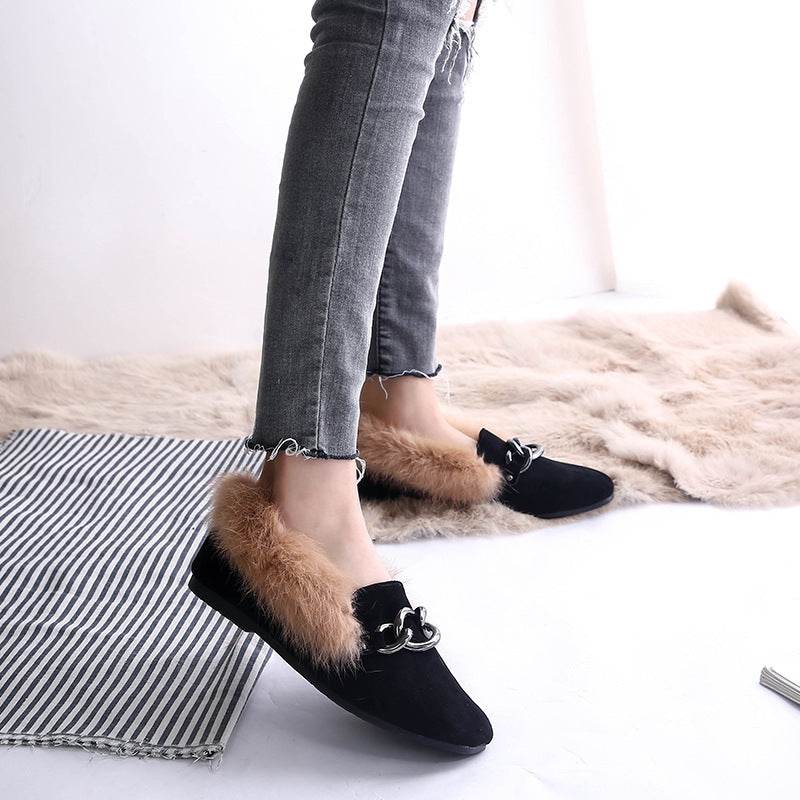 Rabbit fur and velvet cotton flats - Mubimart
