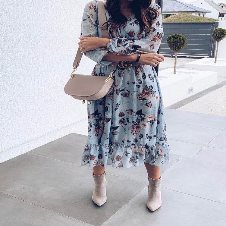 V-neck print dress maxi - Mubimart