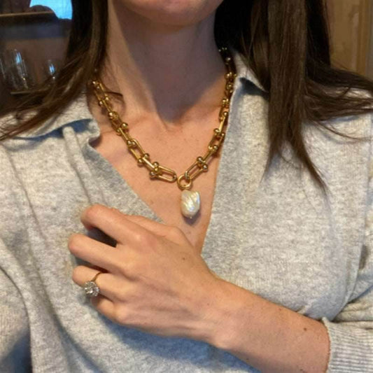Baroque Pearl Necklace Golden Sweater Chain Women - Mubimart