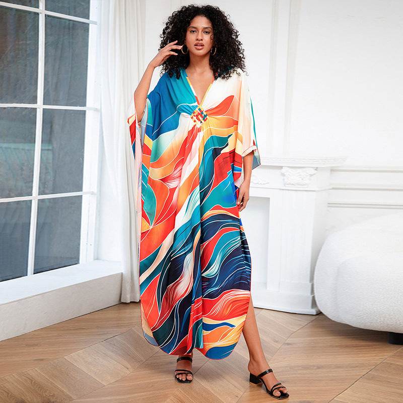 Print Holiday Loose Plus Size Robe Beach Cover-up Dress - Mubimart