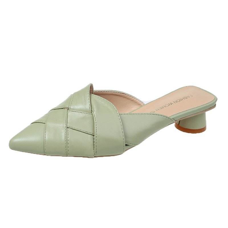 Pointed Soft Leather Sandals Women's Mid-heel Mules - Mubimart