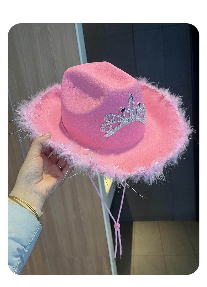 Western Denim Big Brim Sun-proof Rhinestone Crown Fedora Hat - Mubimart