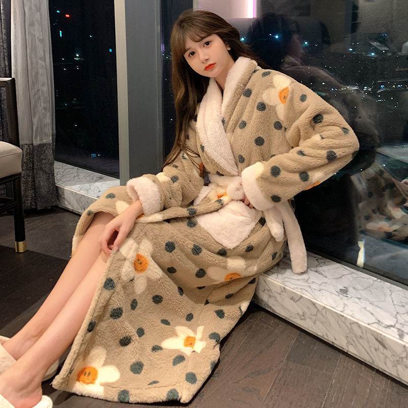 Winter Nightgown Women Coral Fleece Plus Velvet Thick Bathrobe Cute - Mubimart