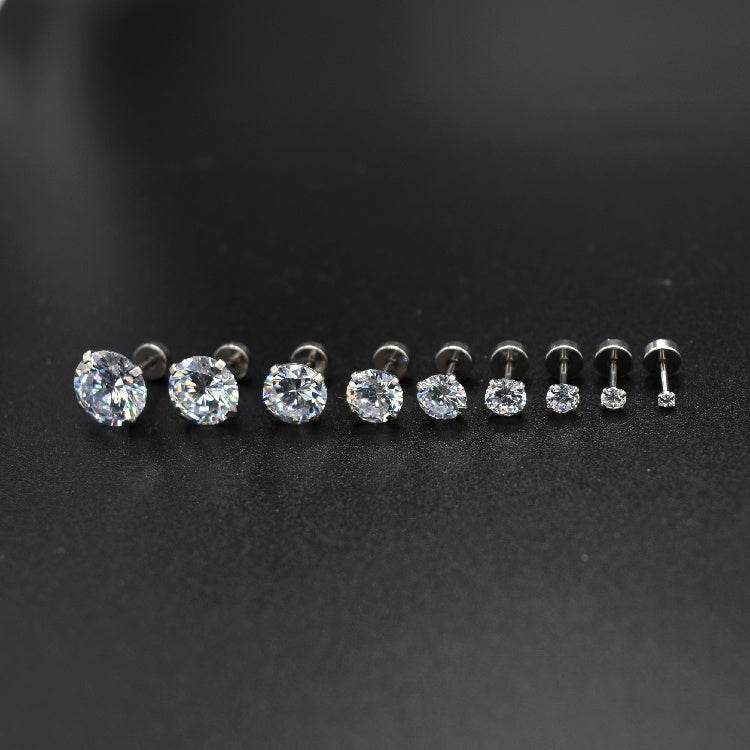 Titanium Steel Unisex Women Men Round Crystal Zircon Ear Studs Earrings - Mubimart