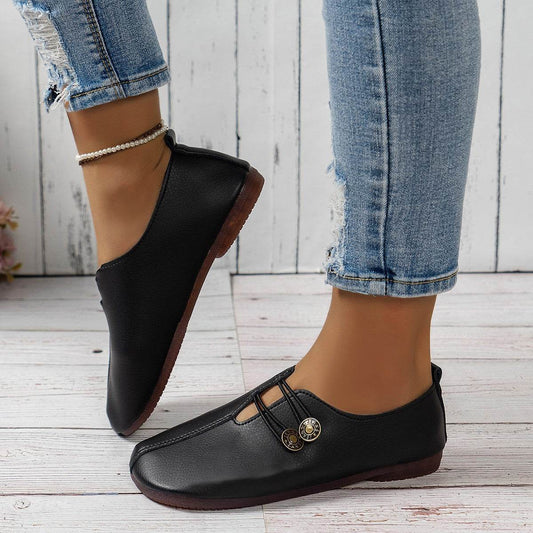 Casual Square Toe Flats Shoes Fashion Slip-on Button Loafers Women Shoes - Mubimart
