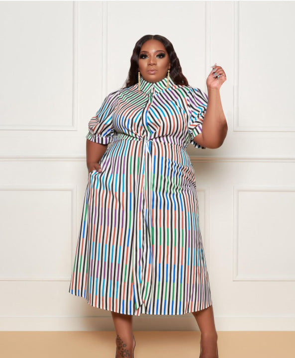 Striped Contrast Printing Long-Sleeved Shirt Plus Size Dress - Mubimart - Shirt Dress 