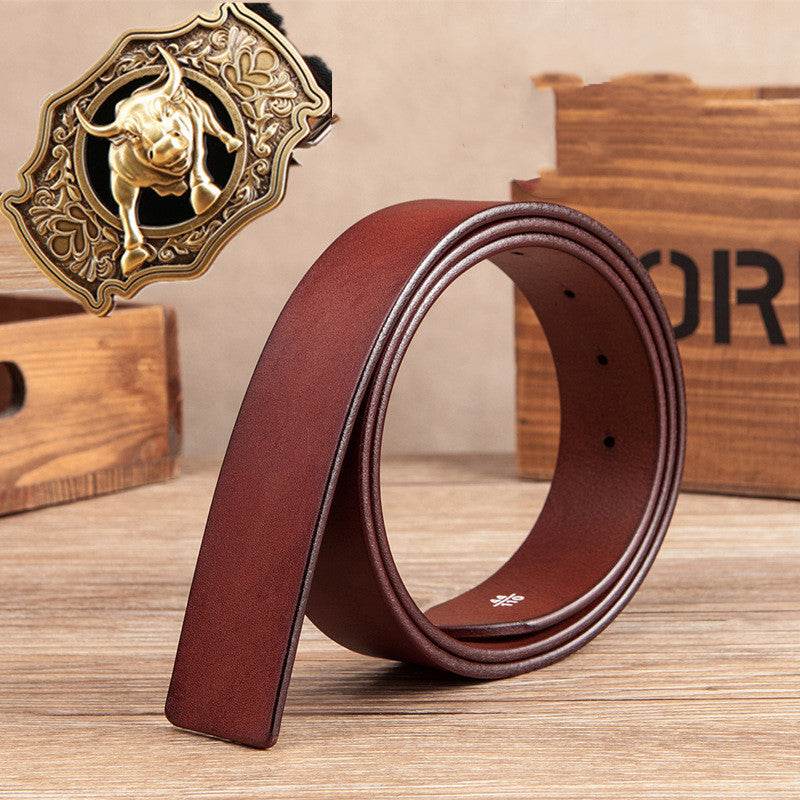 Men's Copper Buckle Head Layer Cowhide Plate Buckle Smooth Buckle Belt - Mubimart