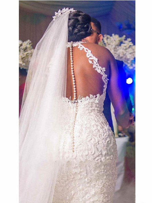 Vintage Lace Beaded Wedding Dresses Sheer Neck Mermaid Bridal Dresses Sexy Cheap Wedding Gowns - Mubimart