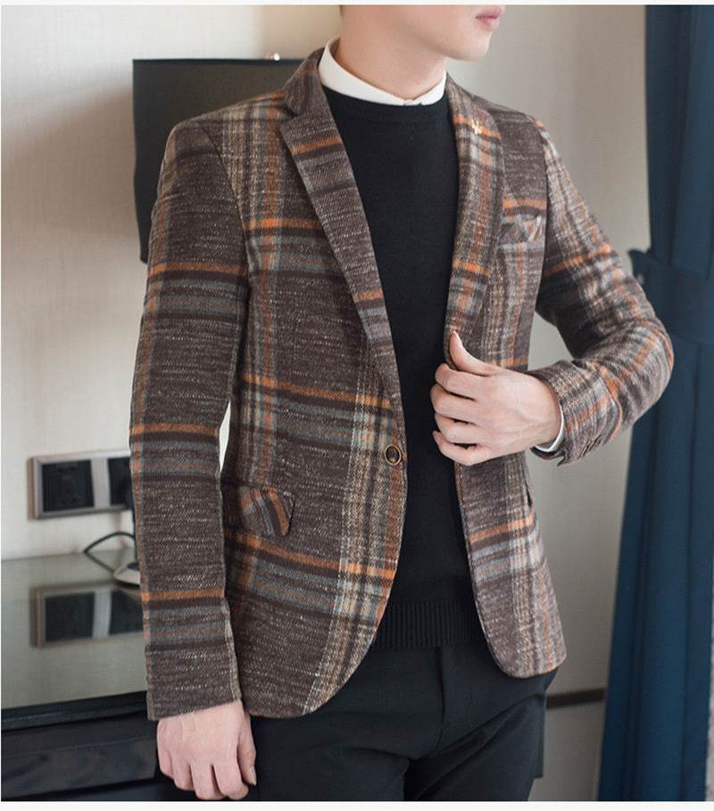 Men Blazer Slim Fit Designs Male Plaid Blazer - Mubimart