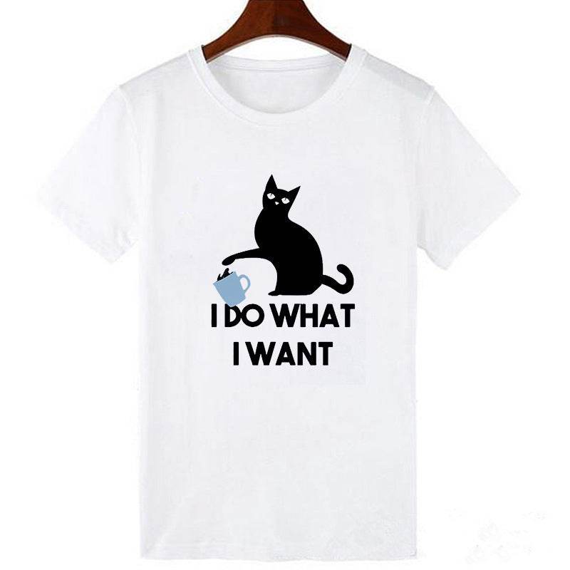 Horro Skull and Cat Femal Tshirt Top Tees kawai T-shirt - Mubimart