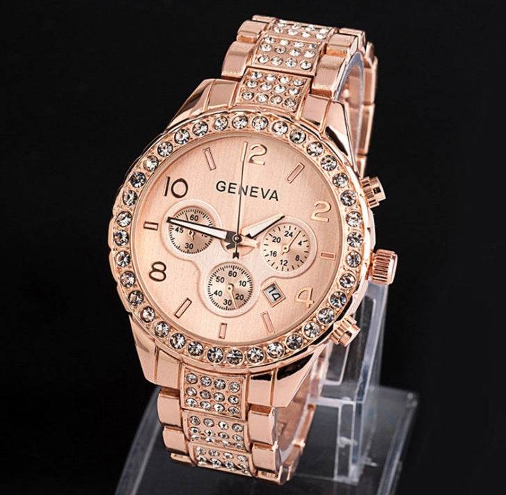 Geneva diamond calendar watch women fashion watch business casual ladies quartz tide watch fake three-eyed watch - Mubimart