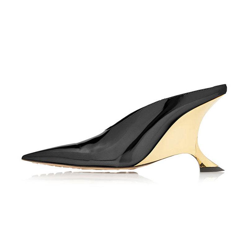 Pointed Toe Shallow Mouth Bright Noodle Wedge Silver High Heel High Heels - Mubimart
