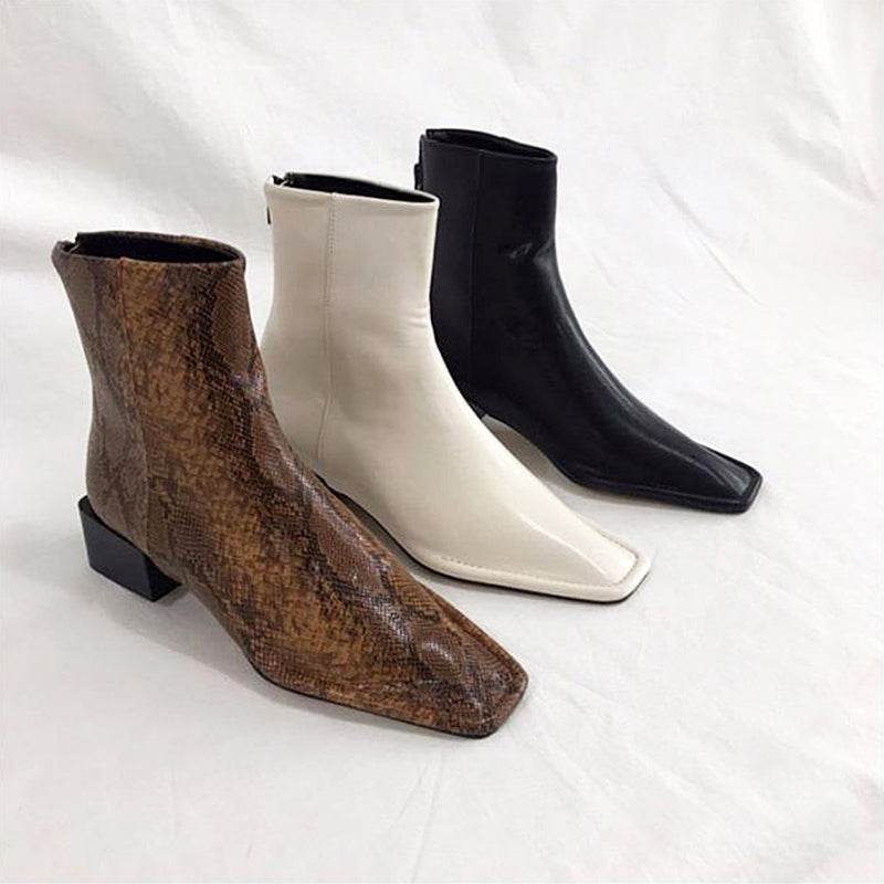Women's back zipper square toe short boots - Mubimart