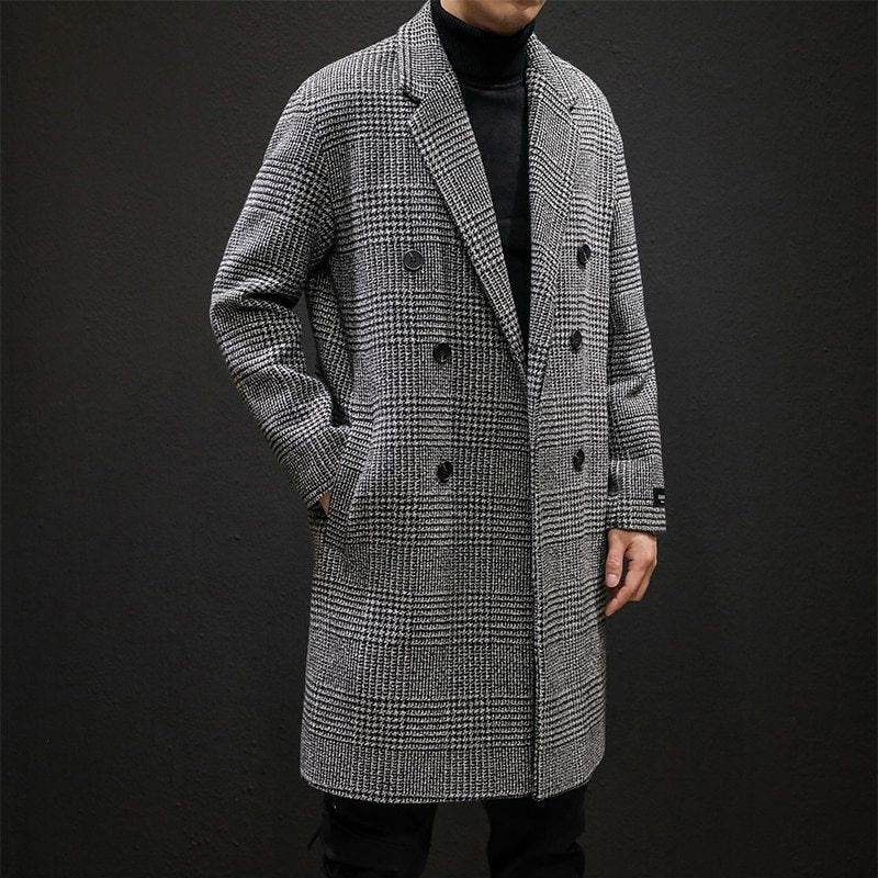 Plaid coat slim slim long trench coat - Mubimart