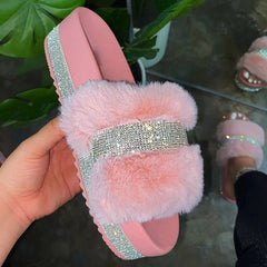 Large size rhinestone plush slipper - Mubimart -  