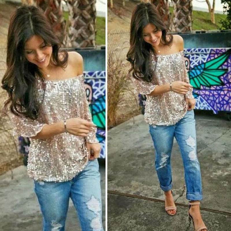 New Fashion Women Sexy Loose Off Shoulder Sequin Glitter Blouses Summer Casual Shirts Vintage Streetwear Party Tops - Mubimart