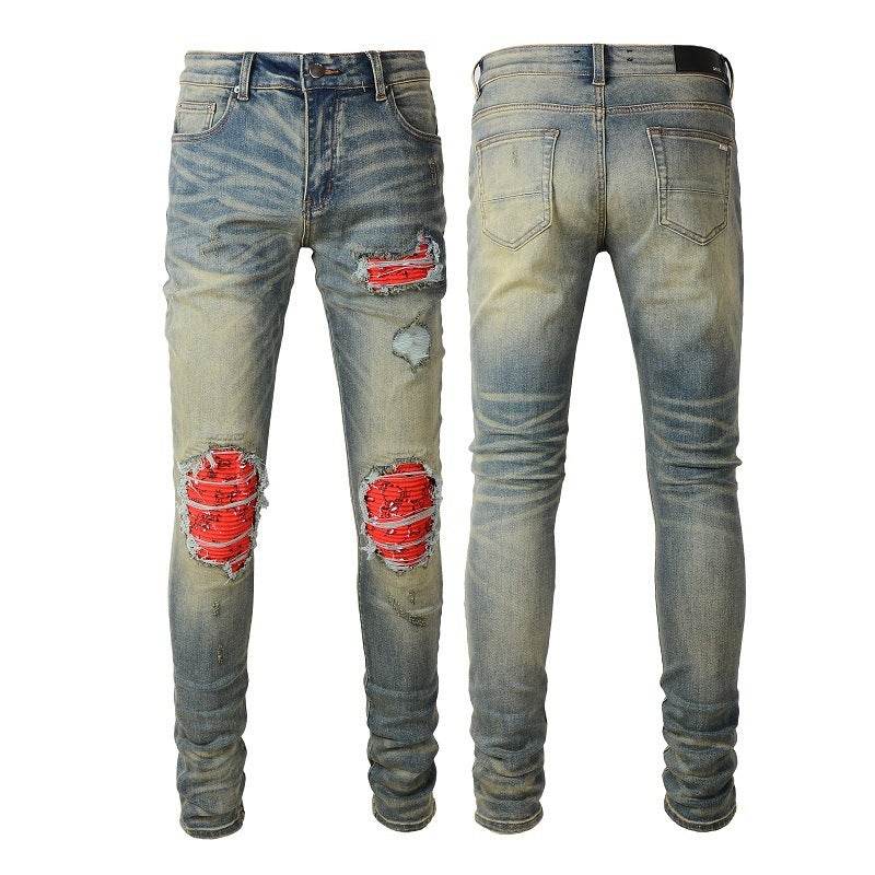 Men's Pleated Contrast Color Fit Jeans - Mubimart