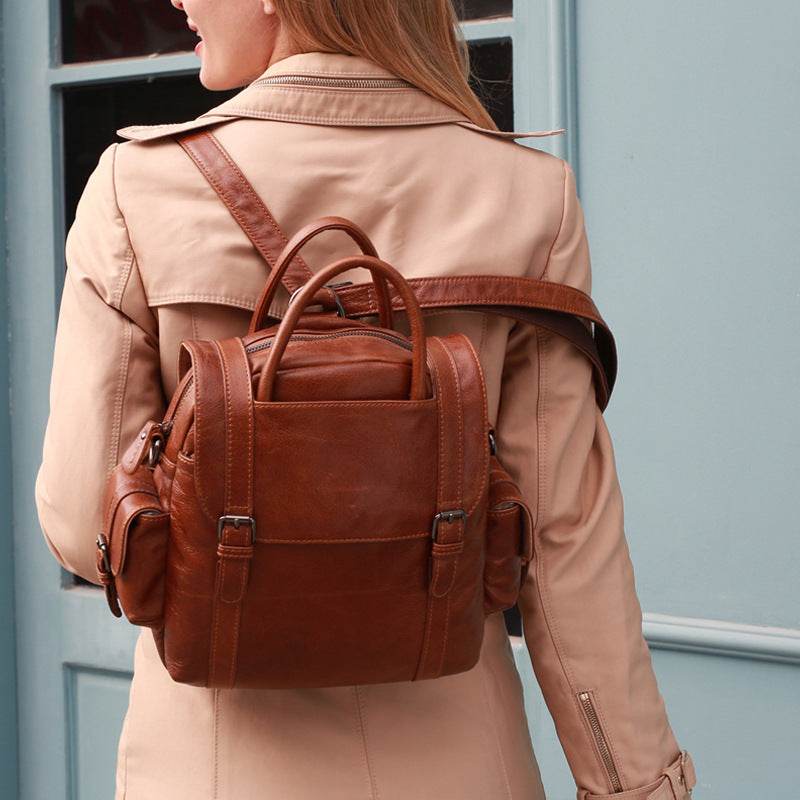 Multifunctional Retro Leather Backpack Women - Mubimart