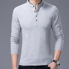 Mens Coton Stand Collar Long Sleeve T-Shirt