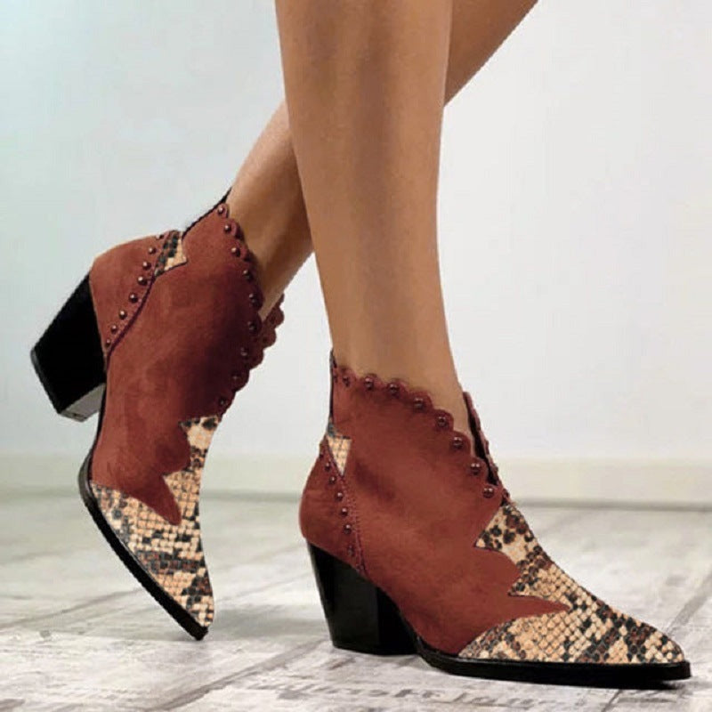 Block-heel rivet color-block snake print ankle boots