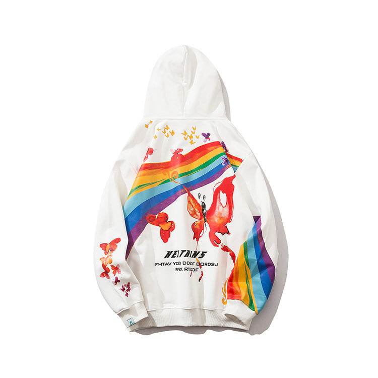 Hip Hop Rainbow Mens Streetwear Hoodie Sweatshirt Butterfly Print Pullover Cotton Casual Hooded Sweatshir Hipster Colorful - Mubimart