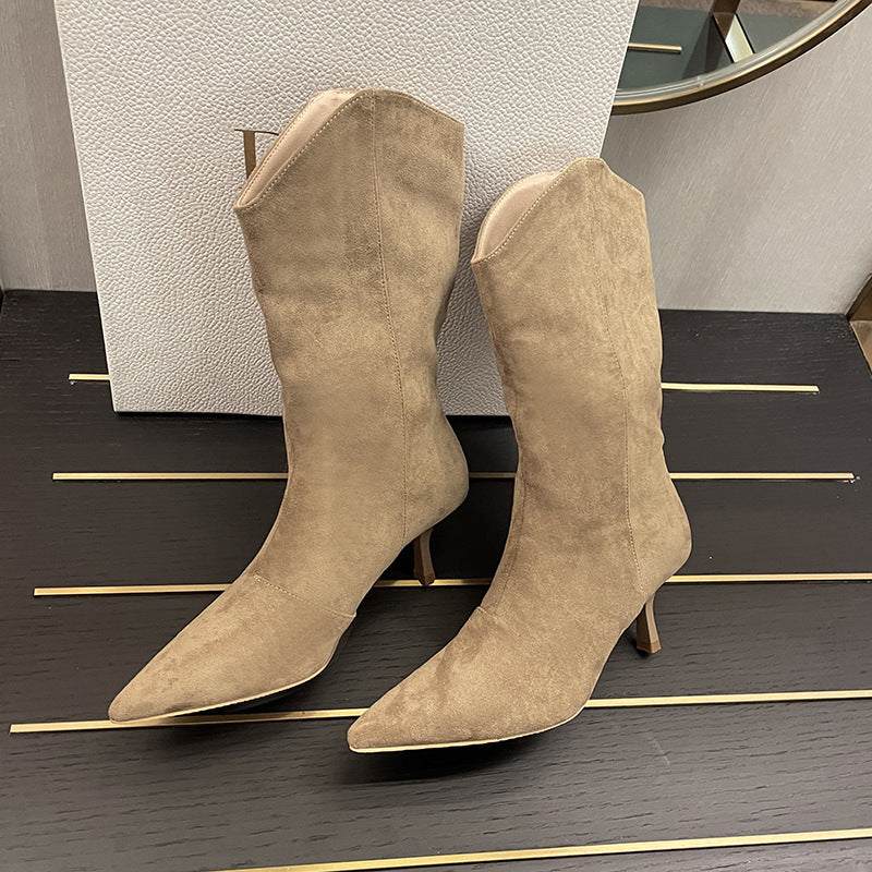 Pointed-toe Retro Western Cowboy Boot Slimming Suede Mid Boots