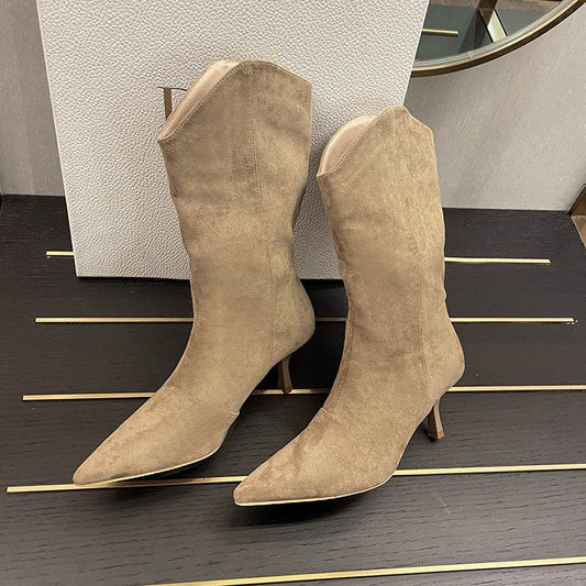 Pointed-toe Retro Western Cowboy Boot Slimming Suede Mid Boots - Mubimart
