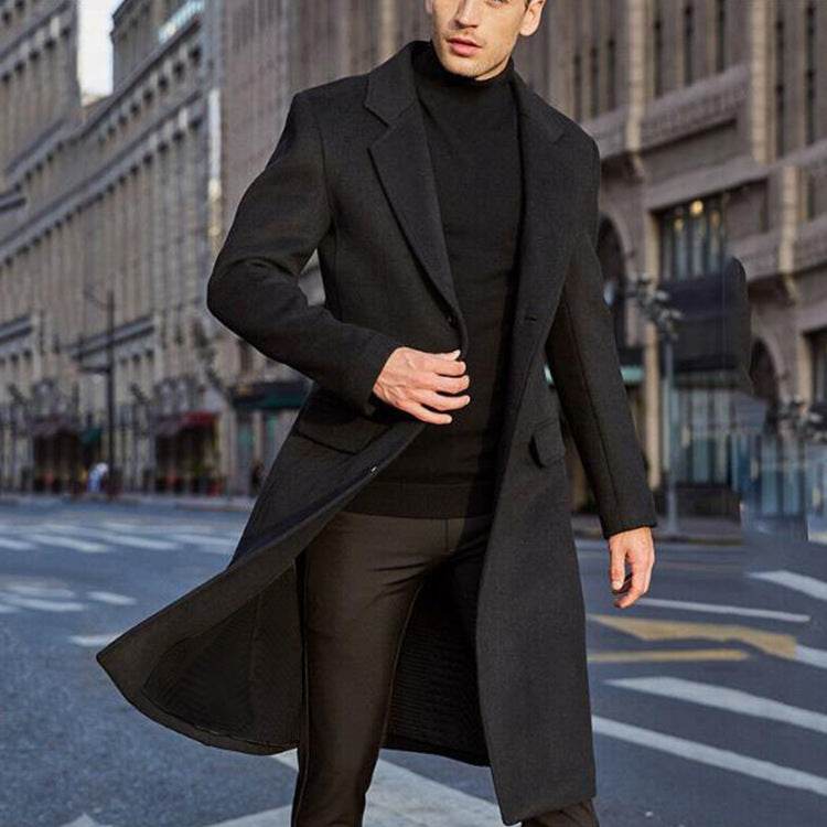 Men's long trench coat woolen coat - Mubimart