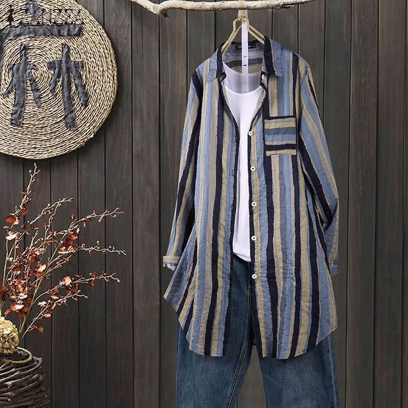 Women Autumn Stripe Lapel Neck Blouses Loose Tops - Mubimart