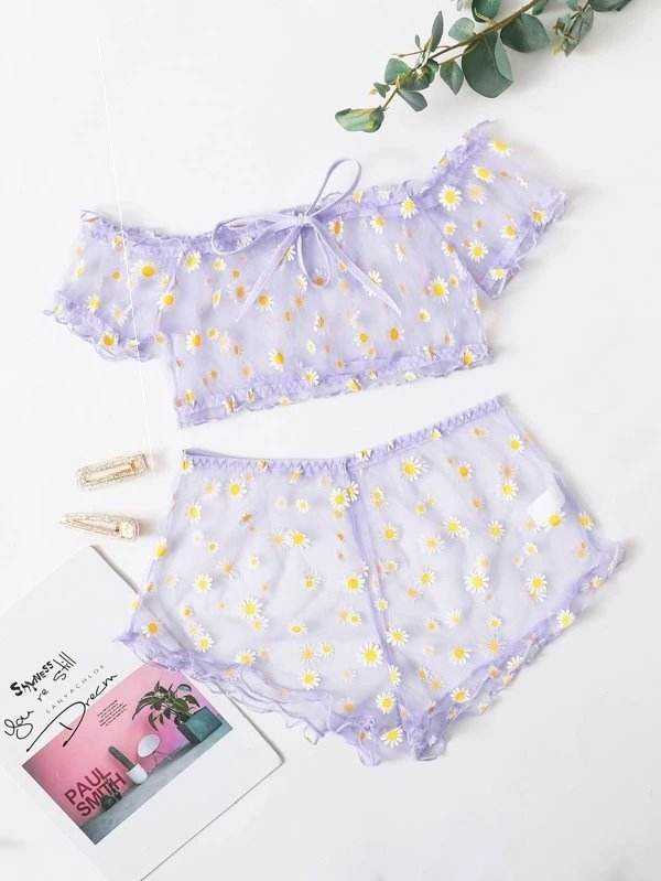 Women's Mesh Printed Lingerie Set - Mubimart