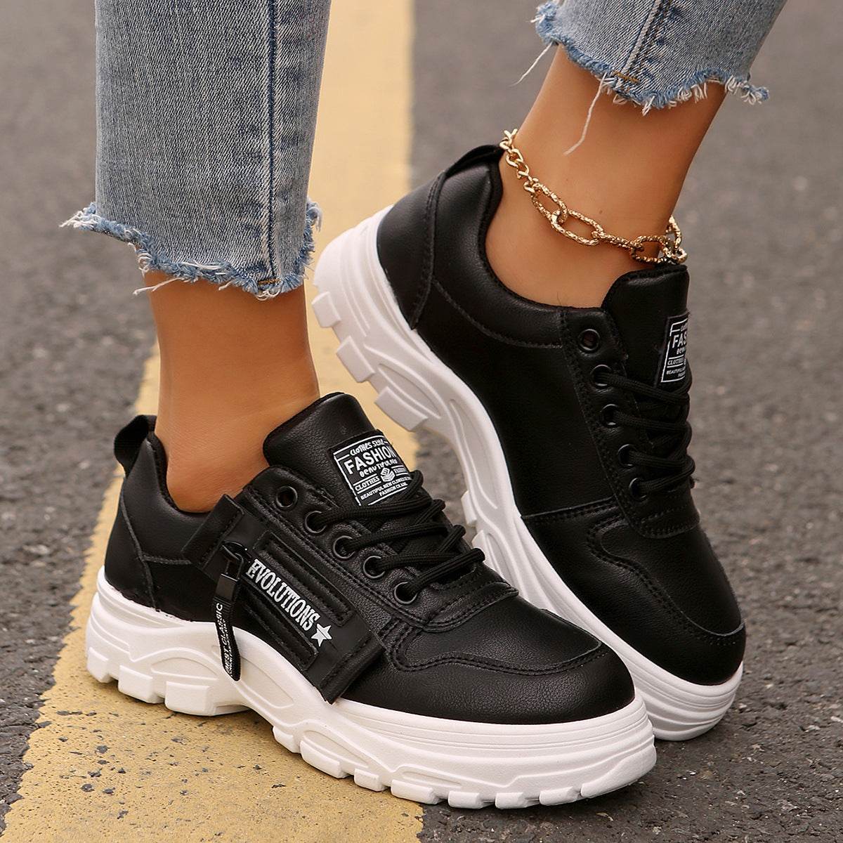 Lace-up Sports Shoes With Side-Zipper Design Fashion Thick-soled Round-toe Casual Shoes For Women Sneakers - Mubimart