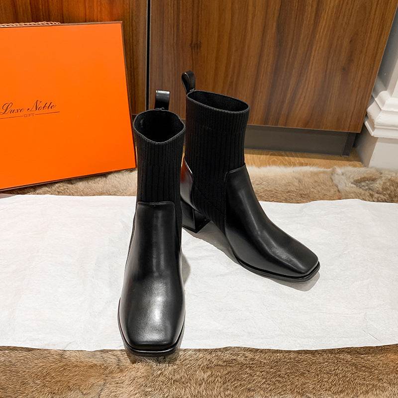 Chunky Heel Square Toe Knit Martin Boots - Mubimart