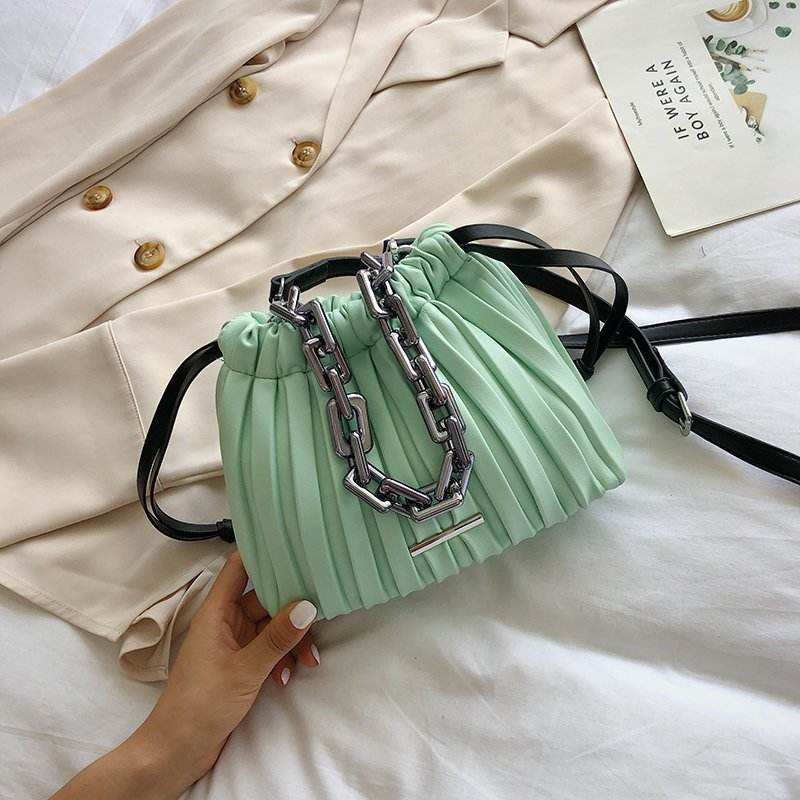 Designer Women Bags Drawstring Bucket Bag with Thick Chain Crossbody Bag - Mubimart