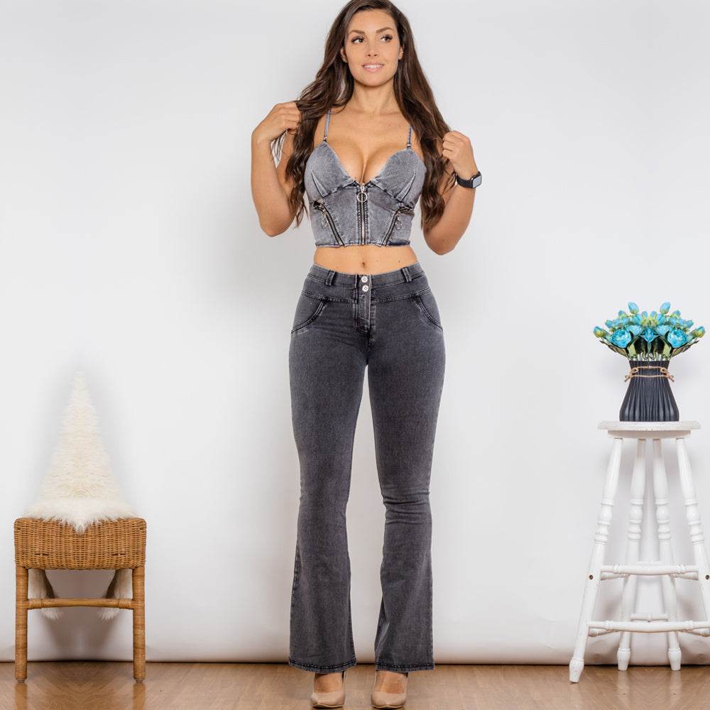 Shascullfites Shaper Suit Grey Denim Bodysuit Zipper Push Up Top Middle Waist Butt Lift Flare Jeans Women Two Piece Outfits - Mubimart