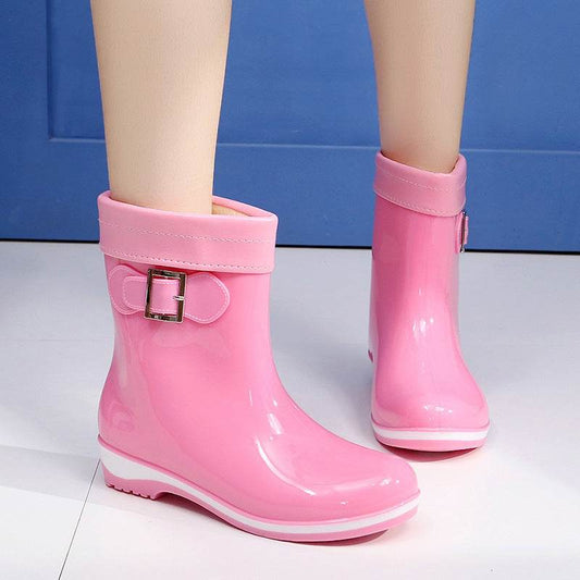 Warm And Velvet Rain Boots Mid-tube Flat Rain Boots - Mubimart