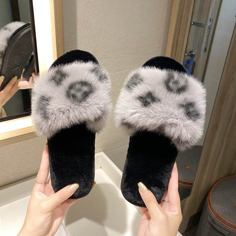 PVC word leopard wool slippers women - Mubimart