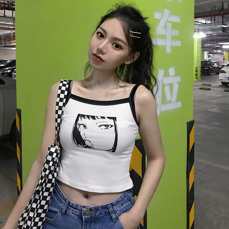 Summer Harajuku Anime Print Slim Sleeveless Short Bottom Shirt Top Student Wild Camisole - Mubimart - Camisole 