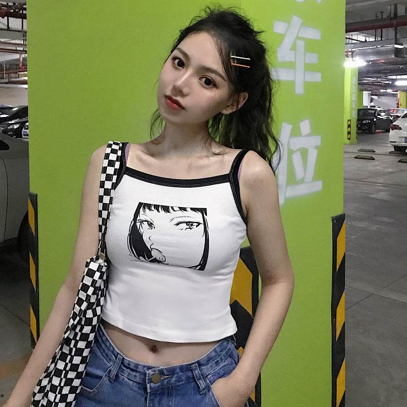Summer Harajuku Anime Print Slim Sleeveless Short Bottom Shirt Top Student Wild Camisole - Mubimart