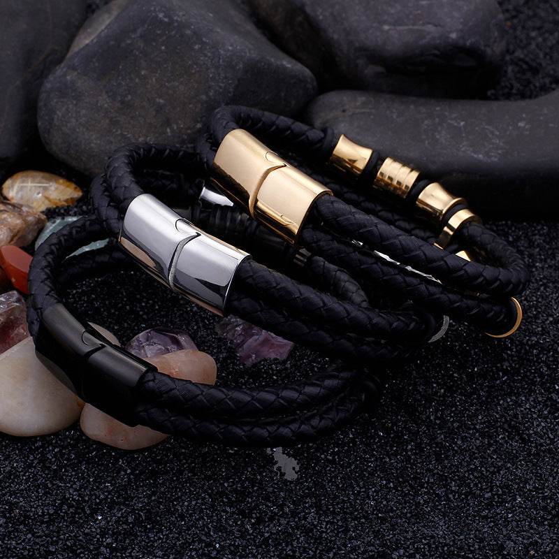 Gold Color Stainless Steel Leather Bracelet Men Black Mens Leather Wrap Bracelets Jewelry Wristband With Magnet Clasp - Mubimart