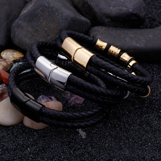 Gold Color Stainless Steel Leather Bracelet Men Black Mens Leather Wrap Bracelets Jewelry Wristband With Magnet Clasp - Mubimart