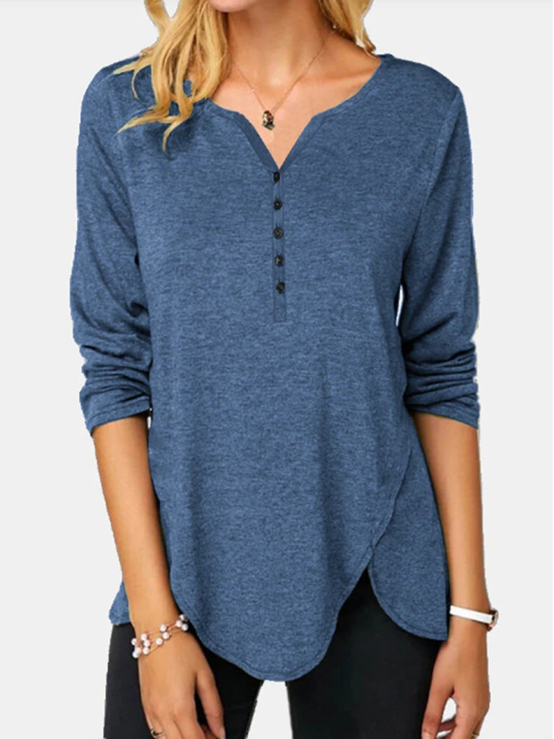 Long Sleeve V-neck Single-breasted Plus Size T-shirt - Mubimart -  