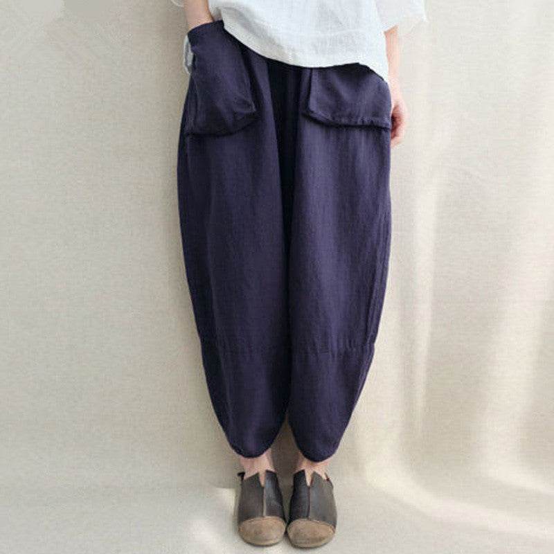 Women Autumn Elastic Waist Solid Pockets Harem Pants Cotton Linen Loose Long Capris Pantalon Trousers Plus Size - Mubimart