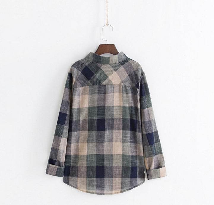 Girl Cotton Blouses Long Sleeve Plaid Blouse - Mubimart