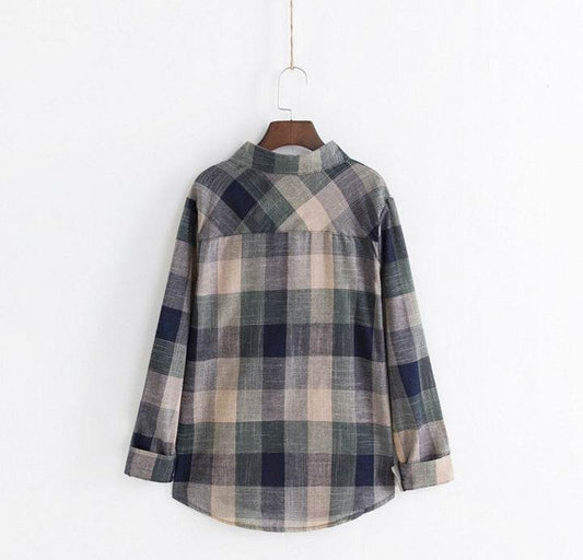 Girl Cotton Blouses Long Sleeve Plaid Blouse - Mubimart